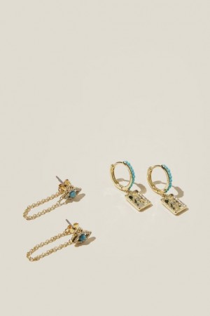 Cotton On 2Pk Mid Earring Women's Jewellery Gold Turquoise | WmUEGv6s1tI