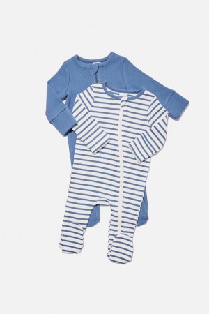 Cotton On 2 Pack Essentials Zip Baby Rompers Blue | PNCASK9T5tn