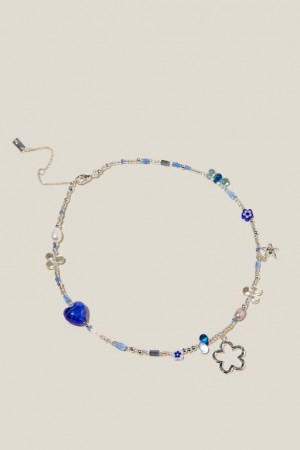 Cotton On Beaded Necklace Women's Jewellery Silver Blue | 1nnrR1Kyx4y