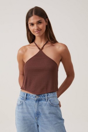 Cotton On Cassie Beaded Halter Women's Tanks Brown | NuaMJIu5nEG