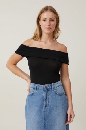Cotton On Chloe Off The Shoulder Women's T Shirts Black | 6zX5nVMMD81