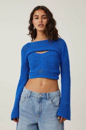 Cotton On Crochet Bell Sleeve Shrug Women's Knitwear Blue | UF97tDCH3Sx