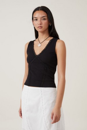 Cotton On Daisy Lace Trim Women's Tanks Black | Fi1NjwTtHXF