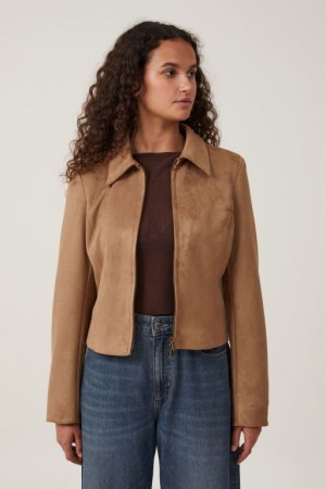 Cotton On Faux Suede Fitted Zip Women's Jackets Brown | A5MyjaAra8S