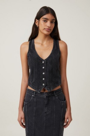 Cotton On Fitted Denim Vest Women's Jackets Deep Grey Black | NFUFLADlac9