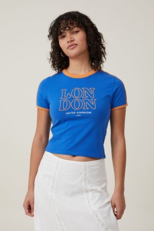 Cotton On Fitted Graphic Longline Women's Graphic T-Shirts Blue | J1YBnpgmGtU