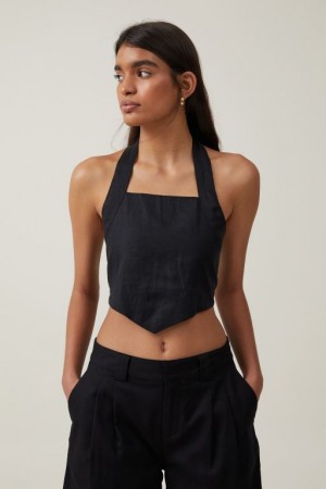 Cotton On Frankie Linen Halter Top Women's Shirts Black | CDGT3KJNDbu