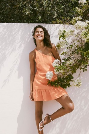 Cotton On Frankie Linen One Shoulder Women's Mini Dress Apricot | GJDiYUW9ZV1