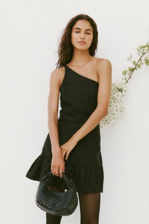 Cotton On Frankie Linen One Shoulder Women's Mini Dress Black | q0josAly2Mf