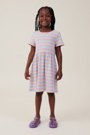 Cotton On Freya Short Sleeve Girls' Dress Multicolor Stripes | HPp7DsiDlXO