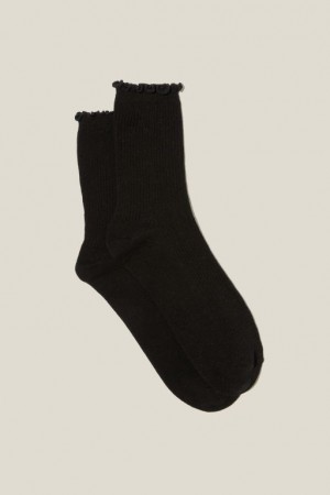 Cotton On Frill Ribbed Crew Women's Socks Black | uz6vHieuTa8