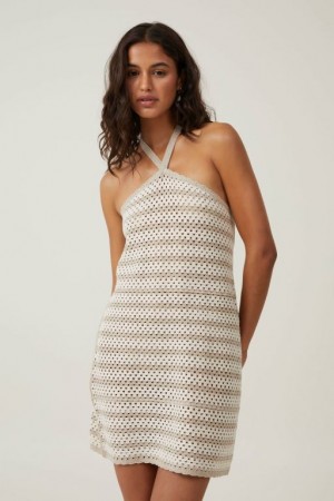 Cotton On Halter Crochet Women's Mini Dress Grey Stripes | j89KhHvIJ9H