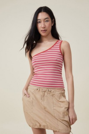 Cotton On Jamie One Shoulder Women's Cami Stripes Red Brown | h62YTRH3XF4