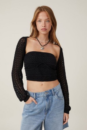 Cotton On Jetset Crochet Shrug Women's Long Sleeve Black | l1ZTGRLKz3o
