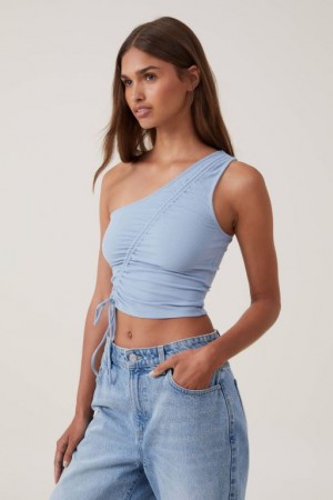 Cotton On Marli One Shoulder Rouched Women's Tanks Blue | Wm5ny8Z41ol