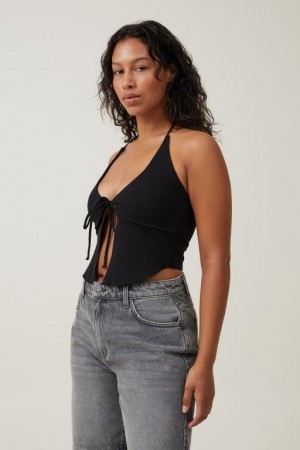 Cotton On Mia Tie Front Halter Women's Tanks Black | eOTynnanEOH