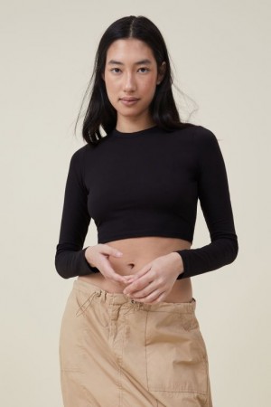 Cotton On Micro Crop Top Women's Long Sleeve Black | yRSvjtSQ3LB