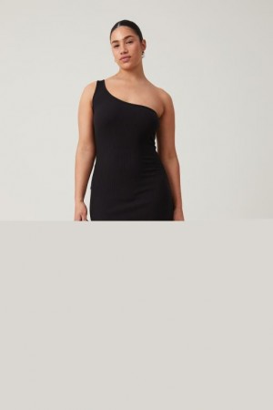 Cotton On One Shoulder Rib Women's Maxi Dress Black | BmW2saNPZdT