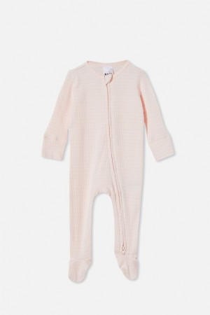 Cotton On Organic Newborn Zip Through Baby Rompers Pink / Stripes | 4fmS9DQdO5L