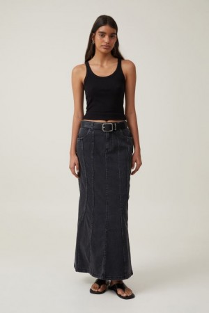 Cotton On Panel Flare Denim Maxi Women's Skirt Deep Grey Black | 1Z6zrdF9OuB