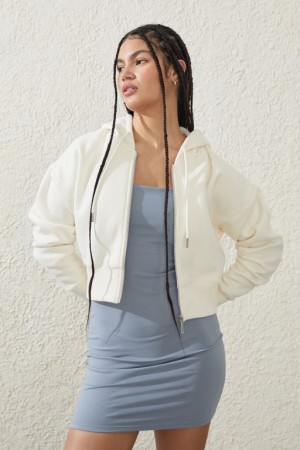 Cotton On Plush Essential Cropped Zip Through Women's Jumpers White | 9WjPoK6cFxZ
