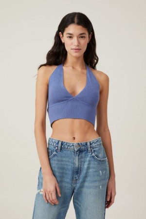 Cotton On Pointelle Halter Women's Knitwear Blue | 3cJFxuYMSSL
