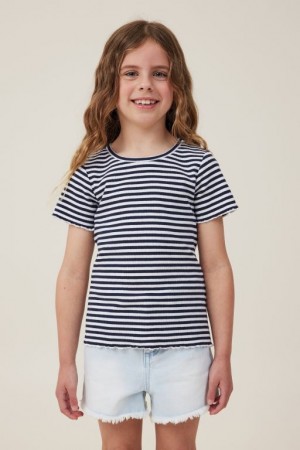Cotton On Raya Rib Baby Girls' T Shirts Navy / White Stripes | LCSdpRsxpGN