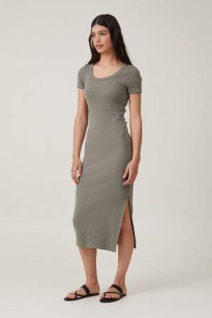 Cotton On Rib Short Sleeve Women's Midi Dress Woodland | OFreKk4EtBv