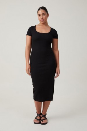Cotton On Rib Short Sleeve Women's Midi Dress Black | jcTEXwd8SHw
