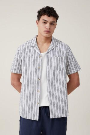 Cotton On Riviera Short Sleeve Men's Shirts White Black Stripes | JgOMWAPw9Mz