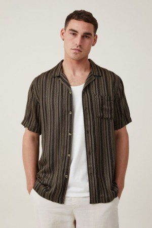 Cotton On Riviera Short Sleeve Men's Shirts Black Mustard Stripes | MxeKsgWo27R