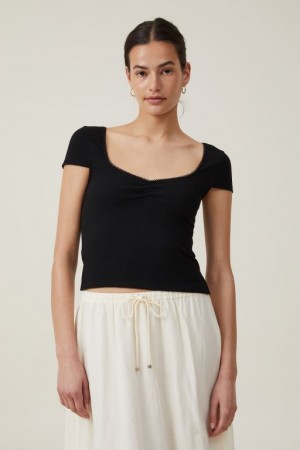 Cotton On Sally Picot Trim Short Sleeve Women's T Shirts Black | 6t3DmDrBdph