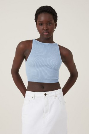 Cotton On Seamless Benni High Neck Women's Tanks Blue | bGB5sdGvEZN