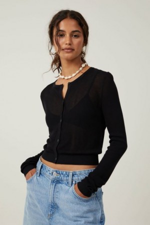 Cotton On Sheer Knit Crew Cardigan Women's Knitwear Black | UVocmEbHJqn