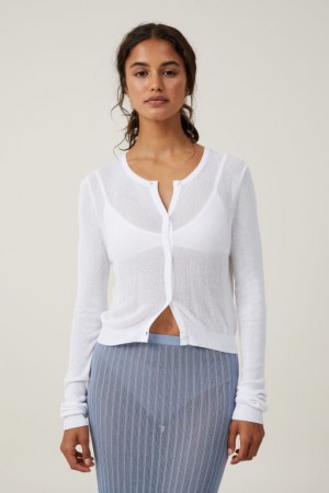 Cotton On Sheer Knit Crew Cardigan Women's Knitwear White | CulanNoxUwq