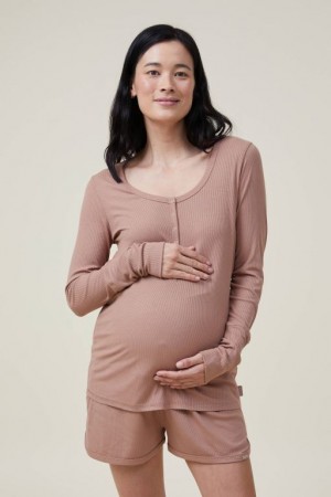 Cotton On Sleep Recovery Henley Long Sleeve Women's Maternity Wear Coffee | XZzHU7cdUjf