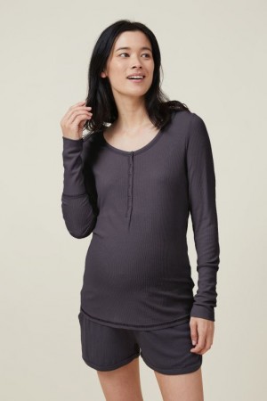 Cotton On Sleep Recovery Henley Long Sleeve Women's Maternity Wear Black | sxoj35X9ol5