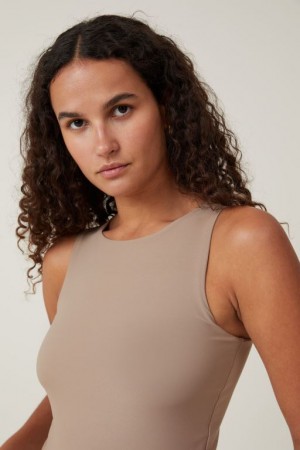 Cotton On Smooth High Crew Neck Women's Tanks Beige | nonThs0vUbd