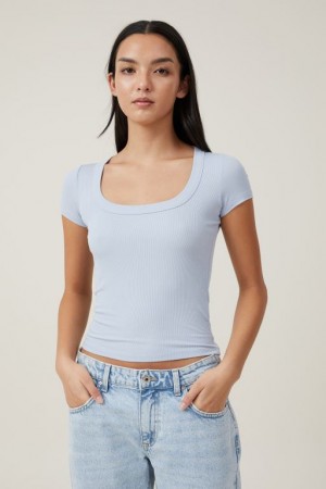 Cotton On Staple Rib Scoop Neck Short Sleeve Women's T Shirts Blue | SW4T3JFuKcj