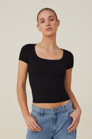 Cotton On Staple Rib Scoop Neck Short Sleeve Women's T Shirts Black | Vg5SGLwW24Q