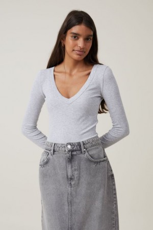 Cotton On Staple Rib V Neck Top Women's Long Sleeve Grey | CFkcX1WcF0X