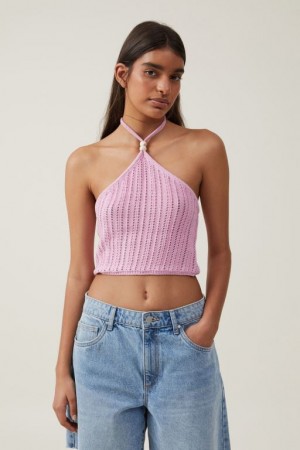 Cotton On Summer Crochet Halter Women's Knitwear Pink | 70NDsMw5IaI