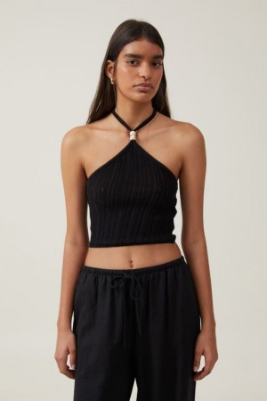 Cotton On Summer Crochet Halter Women's Knitwear Black | 4ixaJMPBS88