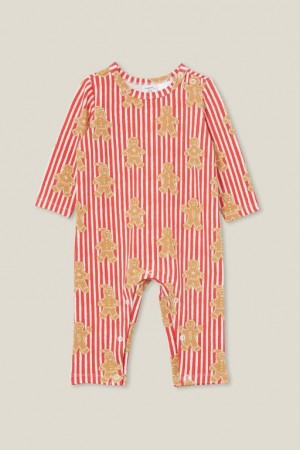 Cotton On The Long Sleeve Snap Baby Rompers Red / Stripes | S857F82bzTy