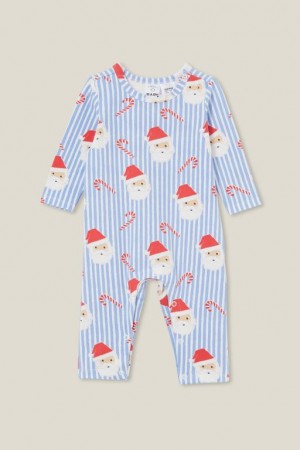 Cotton On The Long Sleeve Snap Baby Rompers Blue / Stripes | 9kL8ZXBPgiI