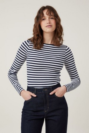 Cotton On The One Basic Boat Neck Top Women's Long Sleeve Stripes White / Navy | 25N8ybOX6kZ