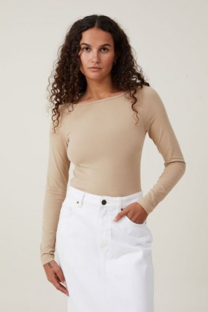 Cotton On The One Basic Boat Neck Top Women's Long Sleeve Grey Brown | 83oKia79CxI