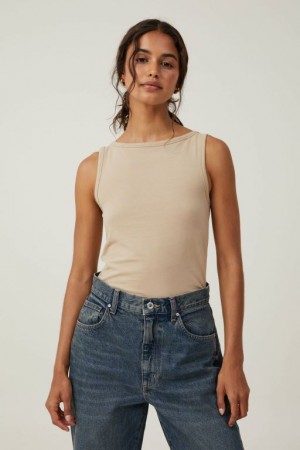 Cotton On The One Basic Boat Neck Women's Tanks Grey Brown | OhgXZ4HCrGz