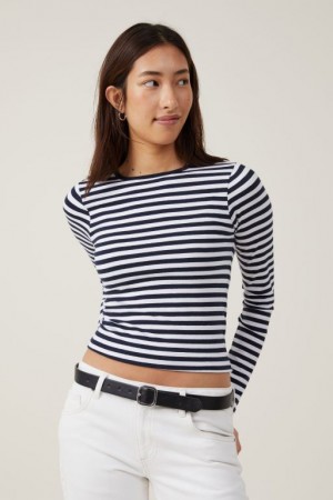 Cotton On The One Basic Crew Neck Top Women's Long Sleeve Stripes White / Navy | g7gxLFXkPN7
