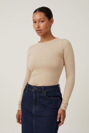 Cotton On The One Basic Crew Neck Top Women's Long Sleeve Grey Brown | RJ1m4zJ4Jq7